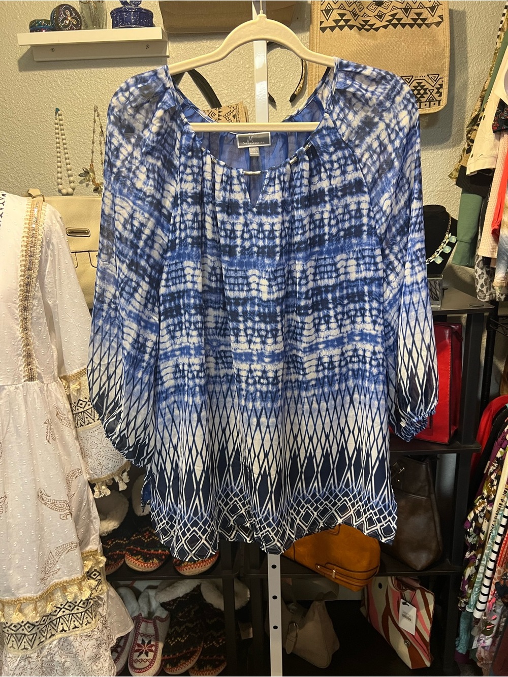 JM Collection Blue and White Peasant Tunic